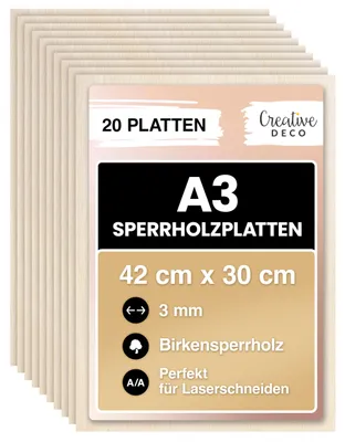 Imagen del producto de Creative Deco 20 placas de contrachapado A3 de 3 mm, 420 x 300 x 3 mm (+/- 0,5 mm)