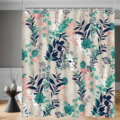 Produktbild von Ibenzoa® Blauer Duschvorhang 180 x 200 cm, 100% Polyester – Grasblumenmuster, wasserabweisend & schimmelhemmend, beschwerter Saum, 12 Kunststoffhaken