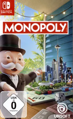 The Monopoly video game box art features Mr. Monopoly standing in front of a cityscape and a Monopoly board.