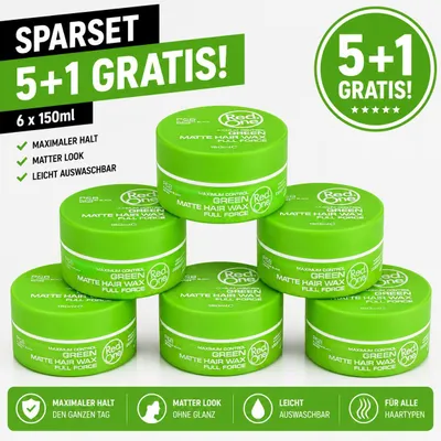 Produktbild von Red One Green Matte Hair Wax 6er Pack – 6 Stück je 150ml mattes Haarwachs Vorratspack für starken Halt, Struktur, Barber Style, Herren Frisur, kurze Haare, Friseurbedarf, Männer Styling & Alltag