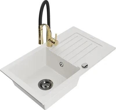 Produktbild von Mexen Pablo 1 Becken-Granitspüle mit Abtropffläche und Mischbatterie Aster, Weiß - 6510-20-73450-57-B