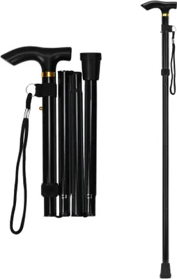 Immagine prodotto di Bastone da passeggio pieghevole - Altezza regolabile da 85 a 95 cm - Regolazione dell'altezza su 5 livelli - Leggero e antiscivolo - Ausilio per la deambulazione per anziani - Ideale per escursioni e trekking - Colore: nero