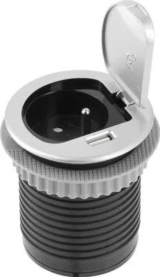 Productafbeelding van GTV - Inbouwstopcontact CHARGER MINI 60mm met geaarde stekker (Frans type), USB-oplaadpoort 2,4A, inbouwlaadstation voor tafel, keuken, werkbank, zilverkleurig