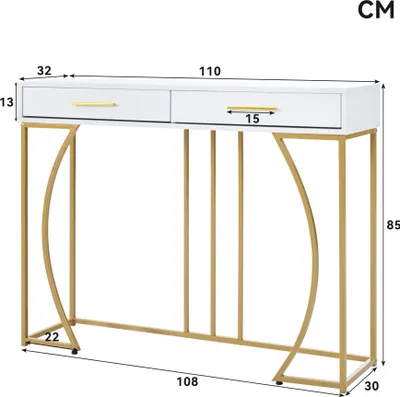 Produktbild von Konsolentisch mit Schubladen, 110/32/85 cm, Beistelltisch, Flurtisch, Metallrahmen, Flur, schmal