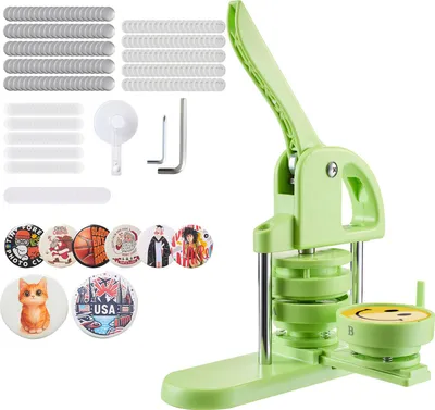 A button making machine and its accessories are displayed on a white background.