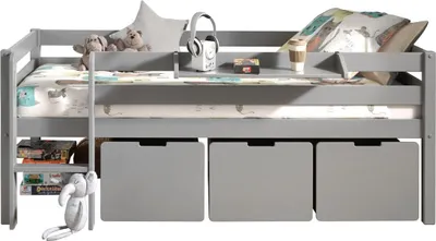 Produktbild von VIPACK Kojen-Spielbett mit Liegefläche 90 x 200 cm, inkl. Leiter, Regal, Rolllattenrost und 3 Schubkästen, Kiefer und MDF grau lackiert