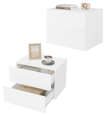 Image de Table de chevet - Table de chevet murale suspendue - Lot de 2 - 40 x 30 x 30 cm - Blanc - Bois - Avec tiroir