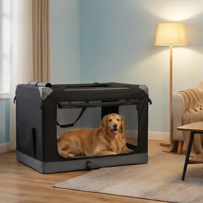 Produktbild von FEANDREA Hundebox faltbar, tragbar, Oxford-Gewebe, 4 Türen, mit Griffen und Seitenfach, für Reisen, 106,7 cm, schwarz-grau