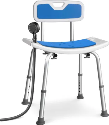 Produktbild von VOUNOT® Duschstuhl mit Rückenlehne, ergonomischer Duschhocker für Senioren, höhenverstellbar 70–83cm, Blau