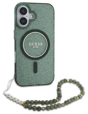 Productafbeelding van Guess MagSafe IML Glitter Case met beads strap voor de Apple iPhone 16 Pro Max - Green