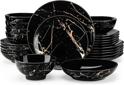 Image de Service de table - Assiettes et bols - Pour servir les repas - 24 pièces - Pour 6 personnes - Noir et or