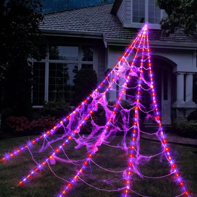 Produktbild von Spinnennetz-Lichter für Halloween-Dekorationen im Freien – 250 LEDs, 8 modi mit Fernbedienung, 5 m leuchtendes Riesenspinnennetz, Lila Orange Licht