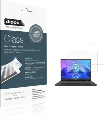 Produktbild von 2x Schutzfolie für MSi Prestige 16 AI Evo B1m matt - Anti-Shock 9H Folie dipos Glass Kunststoffglas