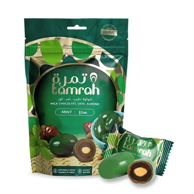 Produktbild von Tamrah Datteln in Minz-Milchschokolade mit Mandeln 100 g