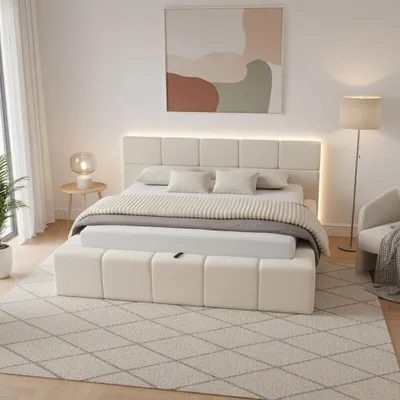 Produktbild von HOME DELUXE LED Bett aus Teddy-Stoff inkl. Stauraum – Beige, 160 x 200 cm | Polsterbett mit Beleuchtung & Matratze für modernen Schlafkomfort