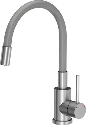 A studio shot of a kitchen faucet against a white background.
