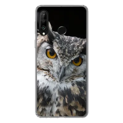 Produktbild von MuchoWow® Handyhülle Schutzhülle Hülle für Huawei P30 Lite Porträt einer braunen Eule auf schwarzem Hintergrund Silikon Softcase Handy Hülle - Handyhülle