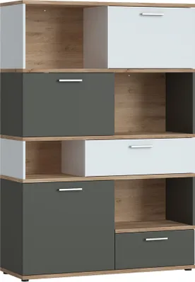 Produktbild von Regal Highboard in Eiche Nb. mit weiß und grau TOMAR-129, B/H/T ca. 115/168/40 cm