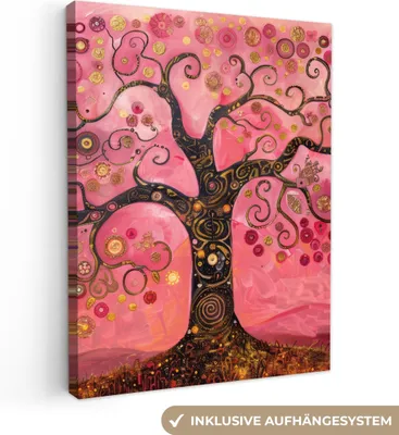Produktbild von MuchoWow® - Leinwandbilder - Baum - Baum des Lebens - Rosa - Gold, Wandbild, Wanddeko Bilder Wohnzimmer, 90x120cm