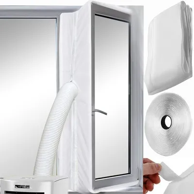 A collage showing a window sealing kit for a portable air conditioner, including the sealing fabric, a flexible hose, and adhesive tape.
