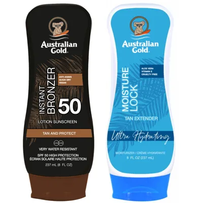 Produktbild von Australian Gold balsam mit Bronzer SPF50 + Feuchtigkeitsschloss 237 ml