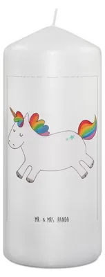 Produktbild von Mr. & Mrs. Panda Kerze Einhorn Happy 19 x 8 cm - Weiß - Geschenk, Bedruckte, Stumpenkerze, Unicorn, Erinnerungslicht, Erinnerungskerze, Freude, Zylinderkerze, Lachen
