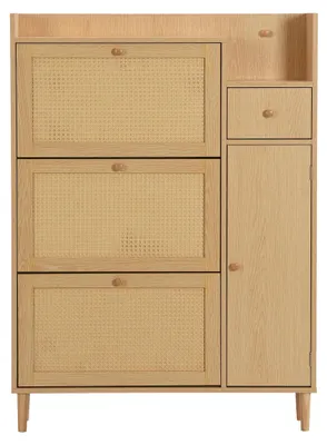 Produktbild von Schuhschrank in Rattanoptik - Schuhregal schmal - 3 Klapptüren - 1 Schublade - MDF mit Massivholzbeinen - 90×125×17 cm - bis 50 kg belastbar