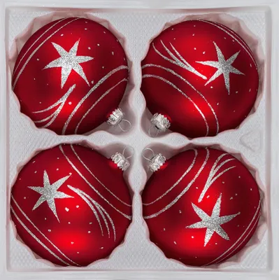Produktbild von 4 tlg. Glas-Weihnachtskugeln Set 8cm Ø in Classic Rot Silber Komet