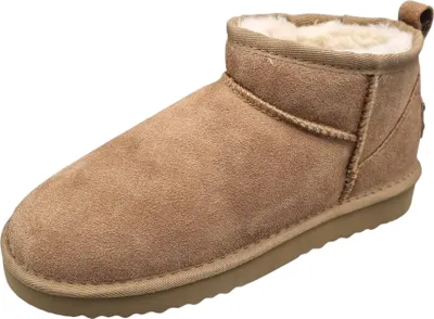 A single brown winter boot is shown against a white background.