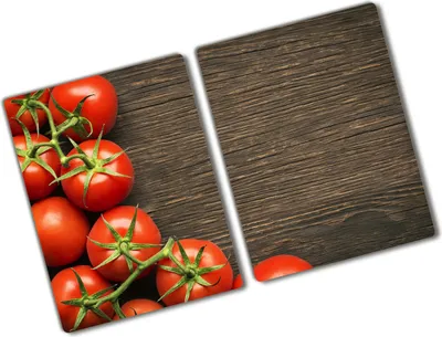 Produktbild von Tulup Glas Herdabdeckplatte - 2x40x52 cm - Glaskeramikkochfeld-Abdeckung Spritzschutz Glasabdeckplatte Kochplattenabdeckung und Schneidebrett - Zweiteilig - Essen & Getränke - Tomaten auf Holz - Rot