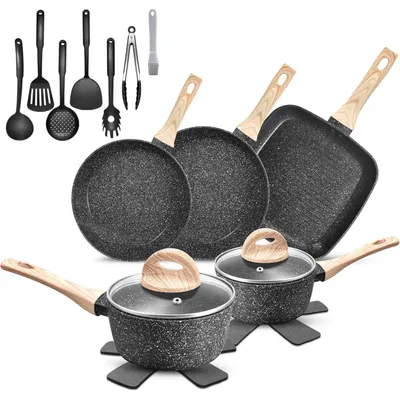 Image de Jeu de casseroles et poêles induction, 19 pièces, noir, revêtement antiadhésif en granit, compatible avec tous les types de plaques de cuisson