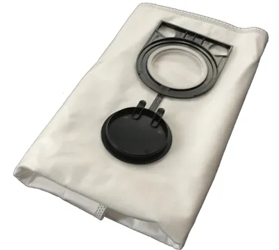 A white vacuum cleaner bag with a black plastic connector and cap.