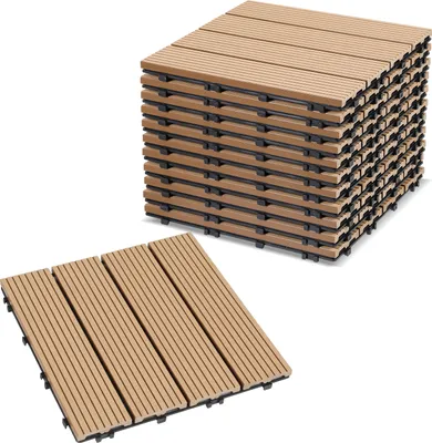 Zdjęcie produktu dla Peviasot 22 szt. płytek tarasowych z WPC do ogrodu i na balkon, 30 x 30 cm, wzór tekowy, z systemem drenażowym i systemem zatrzaskowym