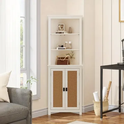 Produktbild von Eckschrank - Aufbewahrungsschrank - Buffet - Vorratsschrank - Badezimmer-Schrank - Weißer, rustikaler Eckschrank - Mit 2 Schiebetüren