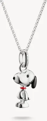 A silver necklace with a Snoopy pendant.