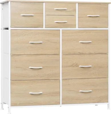 Produktbild von WOLTU Kommode mit 10 Schubladen aus Stoff, Sideboard, Metallrahmen, Industrial Stil, Helle Eiche + Weiß