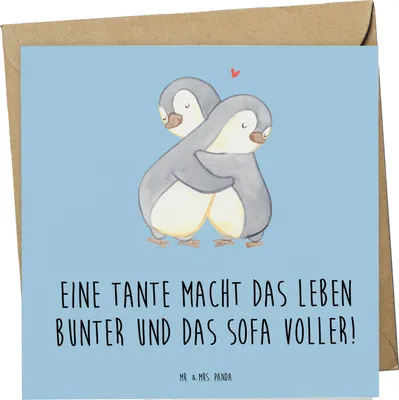 Produktbild von Mr. & Mrs. Panda Glückwunschkarte Bunte Tante - Blau Pastell - Geschenk, Familie, Sofa, Geburtstage, Besuch, doppelkarte, anlasskarte, Geschenke, Grußkarte, faltkarte