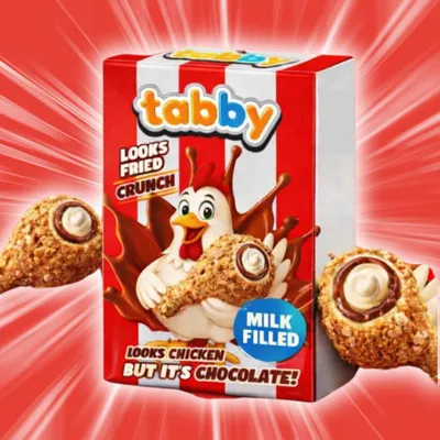 Produktbild von 1 x Tabby looks fried but its chocolate – crunch chocolate milk filled, Schoko-„Hähnchenteile“ mit Knusperhülle 48g