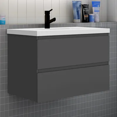 Produktbild von Badezimmermöbel 80cm CINIC-Serie Mineralguss Waschtisch mit Unterschrank Hängeschrank Badezimmerschränke mit 2 Schubladen Anthrazit