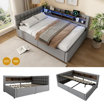 Zdjęcie produktu dla Łóżko jednoosobowe o wymiarach 140x200 cm z hydraulicznym pojemnikiem, oświetleniem LED, półkami i portem USB, wykonane z lnu i MDF, kolor szary, bez materaca
