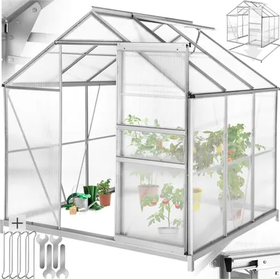 A greenhouse with plants inside, shown from the front with the door open. Tools are laid out at the bottom left.