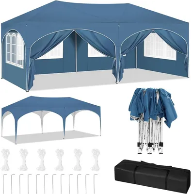 Obrázok produktu pre Sklápateľný pavilón 3x6 m s 6 bočnými stenami | Modrá farba | Rozmery: 300x600x250-258 cm