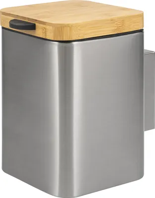 Image de Poubelle carrée murale Bremermann pour cosmétiques avec couvercle en bambou, 3 litres, avec support mural pour collage ou perçage, en acier inoxydable