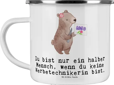 Produktbild von Mr. & Mrs. Panda becher emaille Werbetechnikerin Herz - Weiß - Geschenk, Kaffeepott, wanderbecher, Teetasse, Pott, Tasse