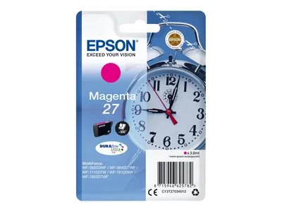 Produktbild von Epson Alarm clock Singlepack Magenta 27 DURABrite Ultra Ink, Standardertrag, Magenta, Tinte auf Pigmentbasis, 3,6 ml, 1 Stück(e), Einzelpackung