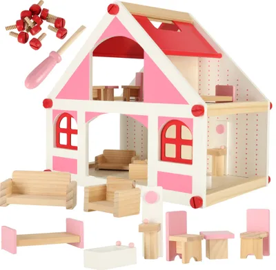 Obrázek produktu pro Dřevěný domeček pro panenky bílo-růžový + nábytek 36cm