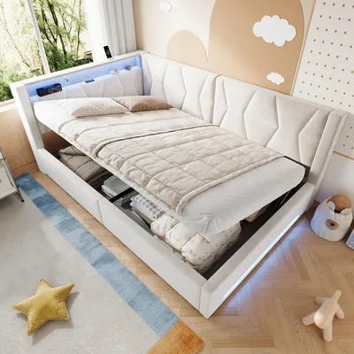 Produktbild von LVHOM Polsterbett 140x200cm Eckbett aus Samt, Stauraumbett mit LED und USB-C, Funktionsbett mit Bettkasten und Lattenrost, Doppelbett Beige