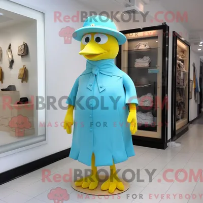 Image de Personnage mascotte REDBROKOLY d un canari cyan habillé d une robe fourreau et de chapeaux