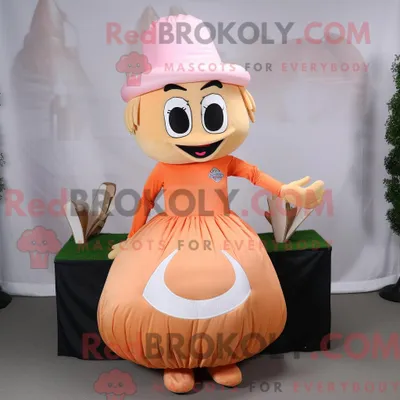 Produktbild von Maskottchen-Figur REDBROKOLY mit pfirsichfarbenem American-Football-Helm bekleidet mit einem Maxirock und Clutch-Taschen