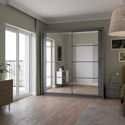 Produktbild von Krudox PRDK 203 cm Graphit Schwebetürenschrank Mit Spiegel Kleiderschrank Für Wohnzimmer Mit 2 Kleiderstangen Farben: Weiss/Schwarz/Graphit